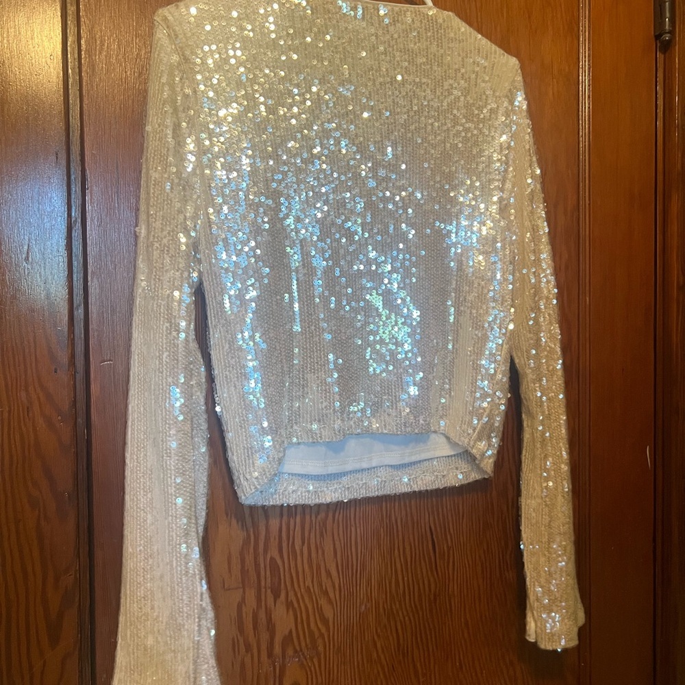 Wild Fable Women's Size Medium Bell Long Sleeve Sequin Holiday Top Champagne - Picture 5 of 5
